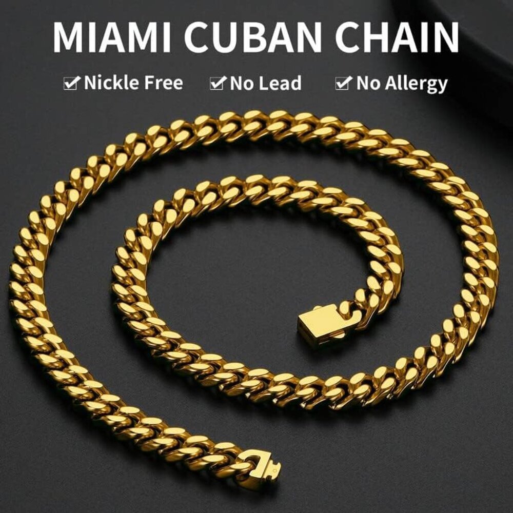 Gold/18K 9mm width Plated Miami Cuban Chain Necklace | Stainless Steel Men - Picture 2 of 7